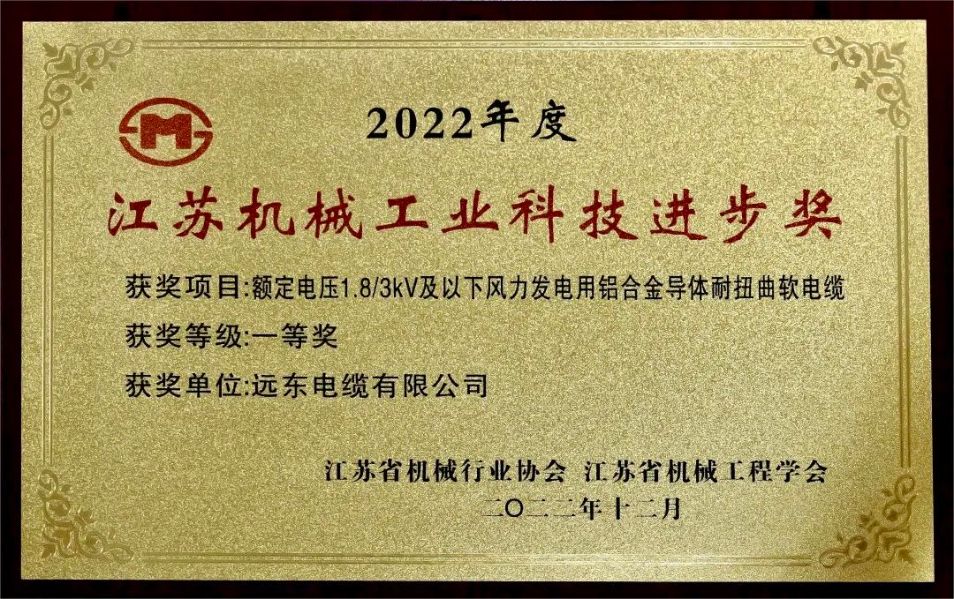 再添省级荣誉 ！ 远东电缆荣获2022年度江苏省机械工业科技进...